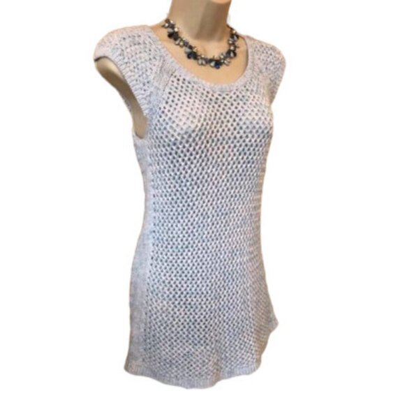 🌱Y2K Talbots 100% Cotton Openwork Round-neck Crocheted Sweater Vest Blue& White - Picture 2 of 16